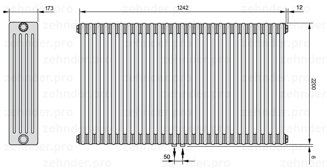 Схема (чертеж) Радиатор Zehnder Charleston 5220/27 №5410 Белый глянцевый RAL 9016